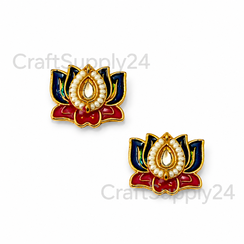 Blue Lotus Meenakari Pink Leaf Gold Charm(CK021) - 2 Pcs
